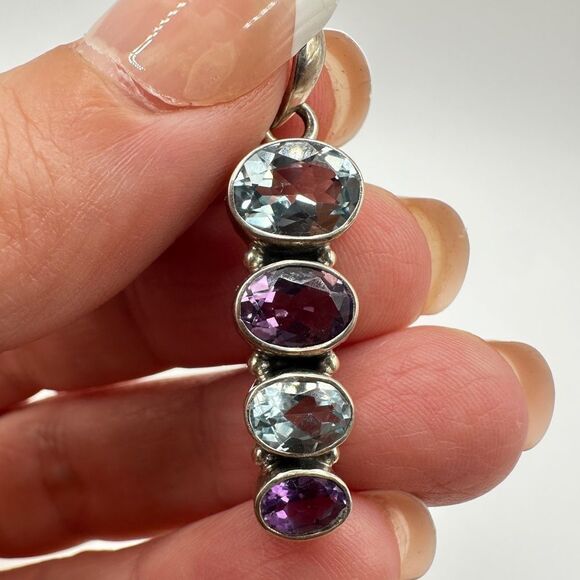 Stunning faceted, graduated oval cut Aquamarine and Amethyst, 925 pendant! - Picture 1 of 11